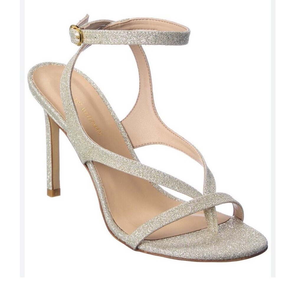 Stuart Weitzman Silver Glitter Ankle-Strap Stiletto Sandals